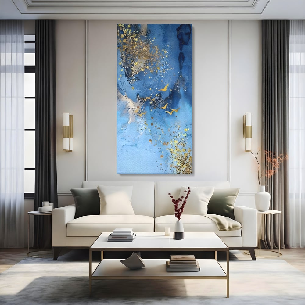 Tablou canvas cu tablou abstract cu pasari aurii, fara rama, pe sasiu de lemn, pe perete intr-un living